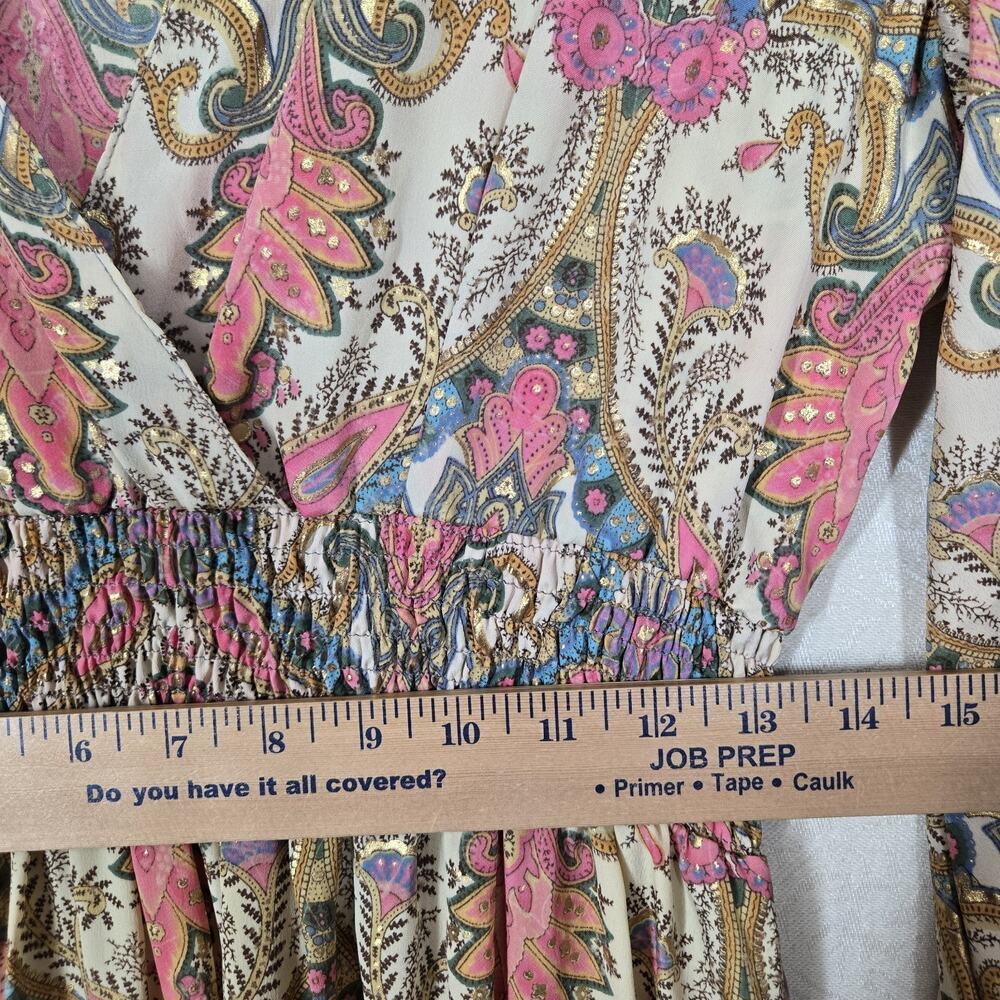 Paani Dress L Pink Paisley Smocked Bell Sleeve Boho Glam Ruffle - Picture 11 of 13